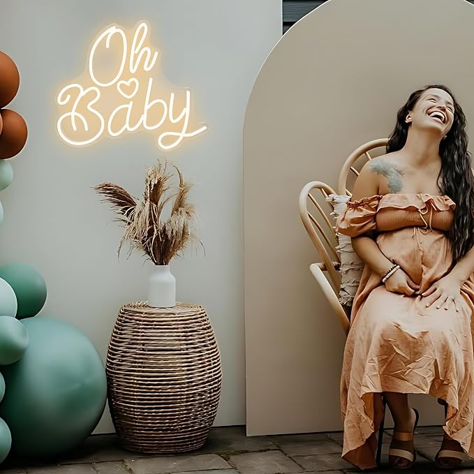Oh Baby Neon Sign for Wall Decor, Baby Shower Neon Sign with Dimmer, Warm White Led Light for Bedroom Decor, Wall Decoration USB Powered with Switch, Gift for Mother(14.9inchs*13inchs)