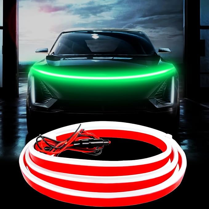 Car LED Hood Light Strip for Cars, SUVs, Trucks, Green, 70 Inch | 12V, Universal, Flexible Waterproof Daytime Running Light, Dynamic Scan Start-up Effect, Super Bright Bonnet Lights