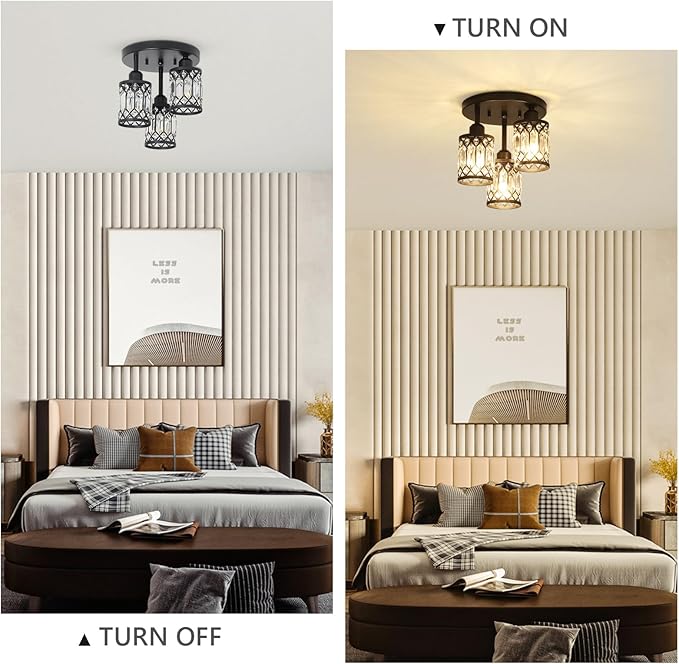 PAUFUL Semi Flush Mount Ceiling Light,3-Light Modern Crystal Close to Ceiling Light Fixtures, Black Kitchen Light Fixtures with Clear Crystal Shade,Hallway Light Fixtures for Hallway Bedroom Bathroom