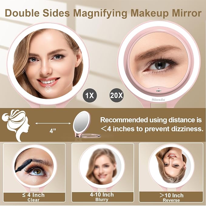 Mocado 1X/20X Magnifying Mirror with Light, Travel Makeup Mirror with Light | Double Sides Travel Mirror with 3 Color Light, Dimmable Touch, 1500mAh Rechargeable, Brightness Adjustable(Pink)