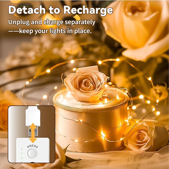 ZSJWL Rechargeable Fairy Lights with DIY Timer & 8 Modes, 2 Pack 16FT 50LED String Lights Battery Operated Indoor, Twinkle mini Lights for Bedroom Christmas Wedding Centerpiece Decor (Warm White)