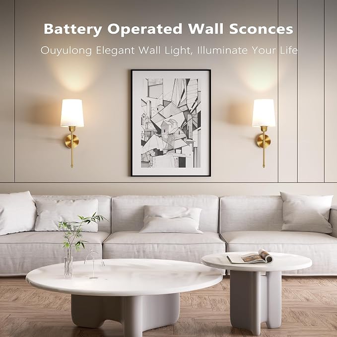 Battery Operated Wall Sconces Set of 2, Wireless Rechargeable Dimmable Wall Light with 5600mAh RGB Bulb and Remote for Bedroom, Living Room, Hallway, Gold, 19in