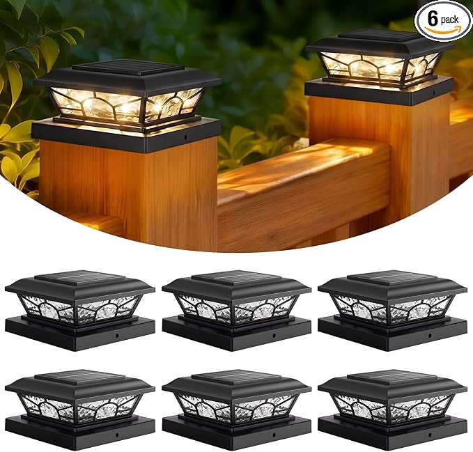 4x4 3.5x3.5 Solar Post Cap Lights 6-Pack Black | 2 Modes (Warm/Cool White), 16LEDs, for Wooden/Vinyl Posts, IP65 Waterproof, Outdoor, for Fence, Deck, Patio, Yard, Porch