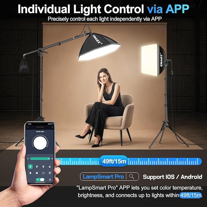 EMART Softbox Photography Lighting Kit, 50W LED 2PCS Soft Box with Boom Arm | Professional Equipment 16"x16" & 20"x20" Softbox, 50W 3000-6000K LED Bulbs, APP/Remote, Stand with Boom Arm for Studio, Vedio