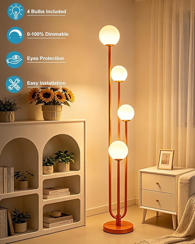 4-Globe Dimmable Orange Floor Lamp, 63IN Standing Tall Lamps with 3000K Bulbs for Reading, Mid Century Modern Floor Lamp with 5Lbs Heavy Base for Living Room Bedroom Home Office