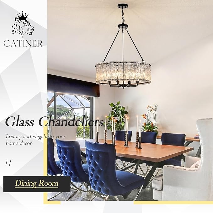 Modern Drum Chandelier 24.4" Black Crystal Glass Chandeliers 8-Light Luxury Ceiling Pendant Lighting Fixture for Dining Room Foyer Living Room Bedroom