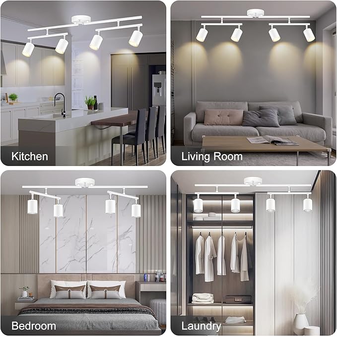 Track Lighting Fixture Ceiling, White Ceiling Light for Kitchen, 30" Modern 4 Light Track Lighting Kit, Wall Light Wireless, Spotlight with Rotatable Heads, LED Track Lights for Bedroom(NO Bulb)