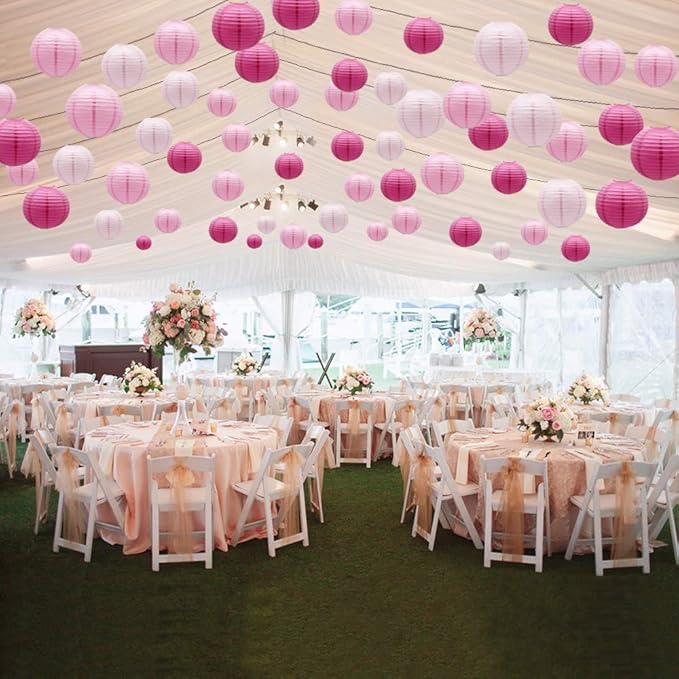 Pink Round Chinese Paper Lanterns Decorative, 15pcs Hanging Paper Lanterns for Birthday Party Valentines Day Bridal Shower Baby Shower Wedding & Girls Party Decorations Light Pink/Pink/Hot Pink