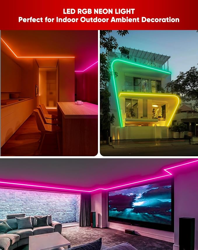 LED RGB Neon Rope Lights AC 120V, Expandable & Cuttable Bright Strip Lighting with Remote, Dimmable Color Changing, ETL Cold-Resistant & IP65 Waterproof for in&Outdoor, 10x20mm, 131.2FT