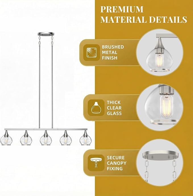Kitchen Island Linear Pendant Light, 5-Light Brushed Nickeld Dining Room Chandelier with Clear Glass Globe Shades, Modern Linear Lighting Fixture Over Table