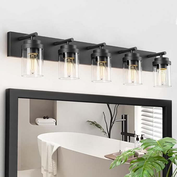 IZORRO Bathroom Vanity Light Fixture, 5-Light 36 Inch Matte Black Bathroom Light Fixtures Over Mirror, with Clear Glass Shade, Modern Farmhouse Vanity Lights, Rustic Restroom Lighting Fixtures