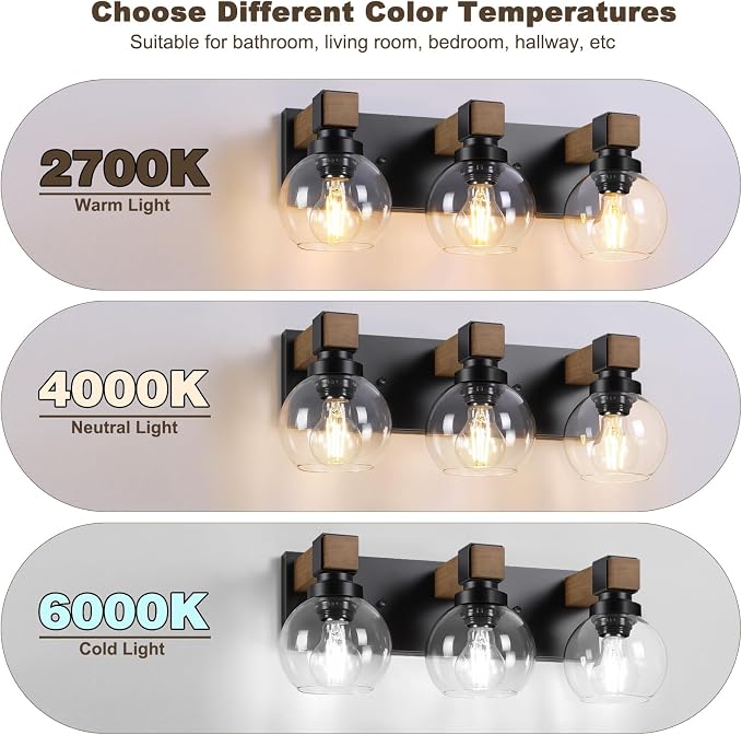 Farmhouse Bathroom Light Fixtures, 3-Light Rustic Wood Bathroom Lights Over Mirror with Glass Globe Shades, Matte Black Wall Mounted Lamp Vanity Lights for Bathroom Bedroom Living Room Cabinet