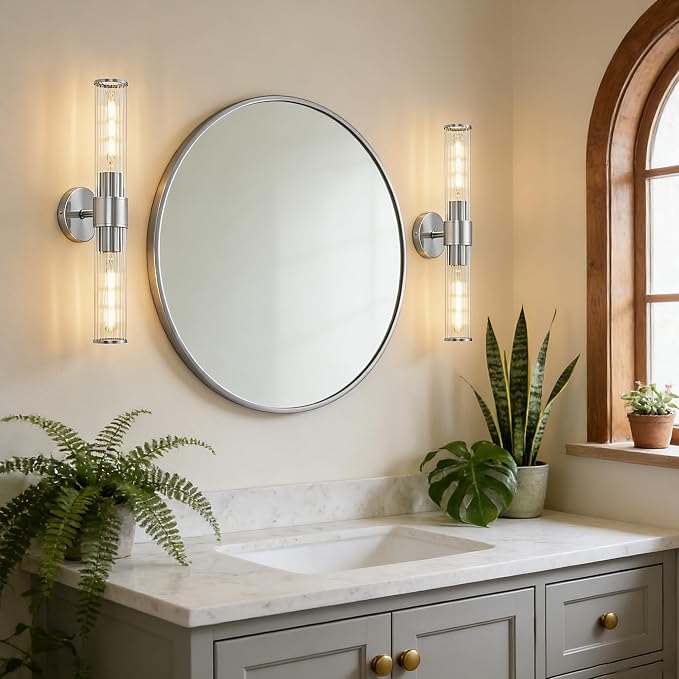 Hardwired Chrome Bathroom Vanity Light Threaded Glass Wall Sconce | Up & Down Bidirectional Lighting, Damp Rated For Bathrooms, Dimmable, 5-Year Manufacturer Warranty, UL Certification