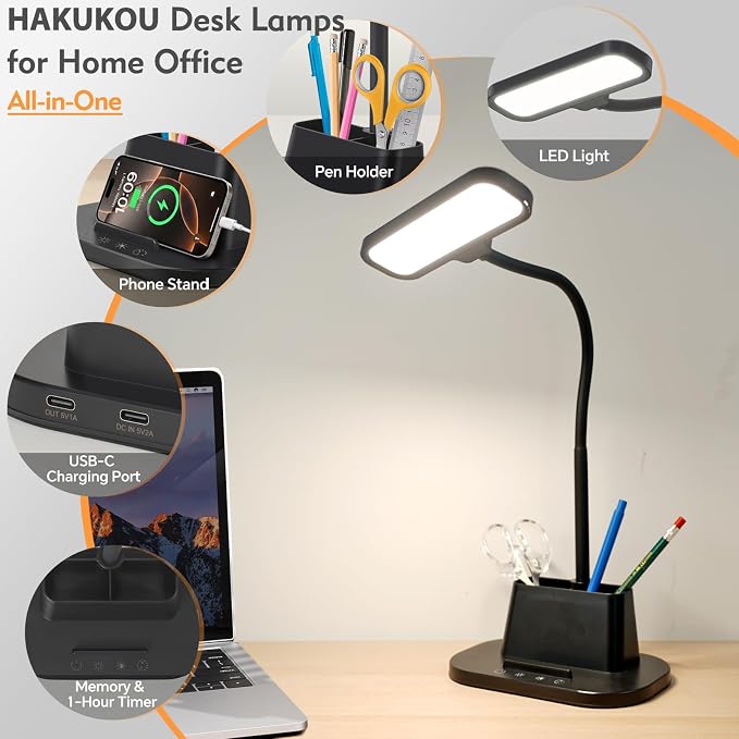 LED Desk Lamp for Dorm Small Desk Lamp with Pen Holder 5 Color Modes Black | Dimmable Touch Control, USB Charging Port, Eye-Caring Reading Light for Home Office Table Study College Room Students