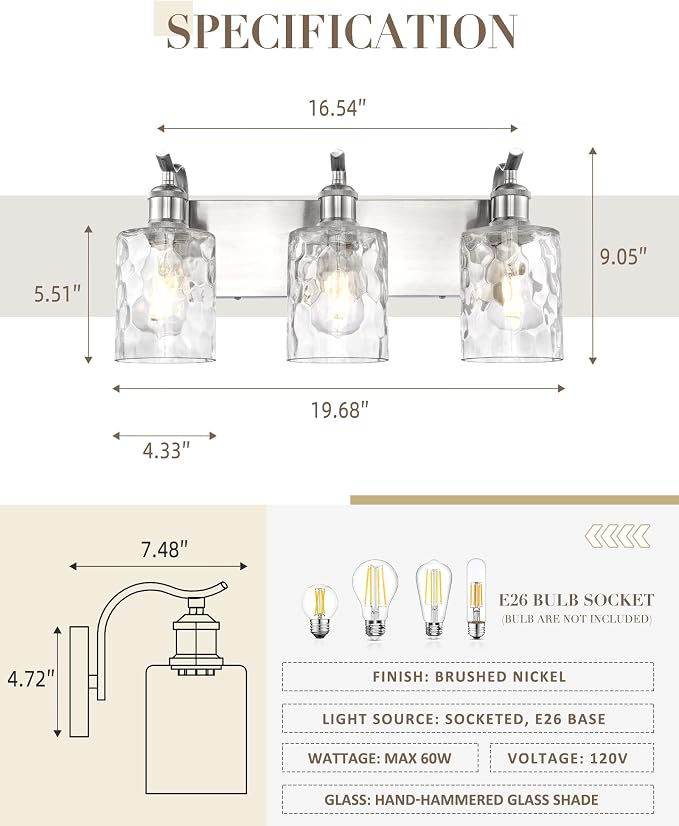 3-Light 20 Inch Bathroom Vanity Light,Hammered Glass,Nickel | Over Mirror Wall Light,E26 sockets,for bathroom mirror,powder room,dressing area