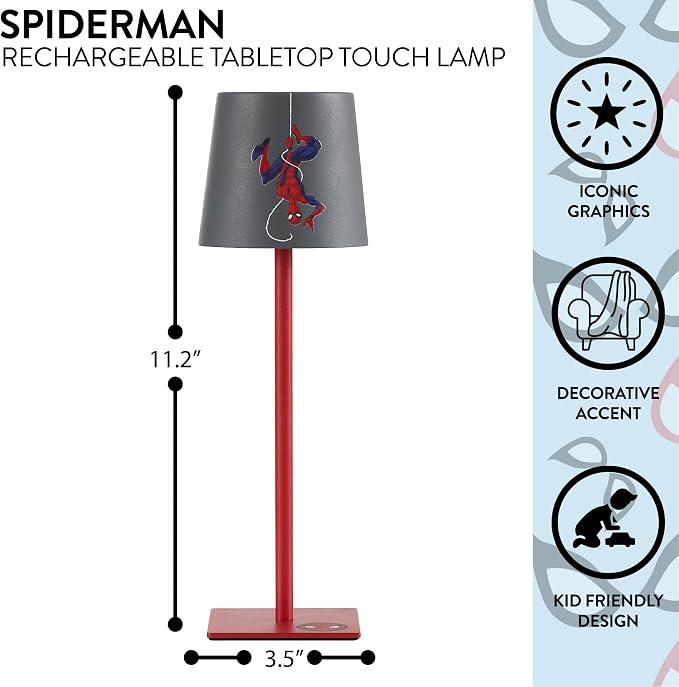 Marvel Spiderman Kids Touch Night Light Lamp, Rechargeable Battery Operated Bedroom Table Lamp with Touch On/Off, Portable LED Desk Light with Charging Cord for Nursery & Children’s Room