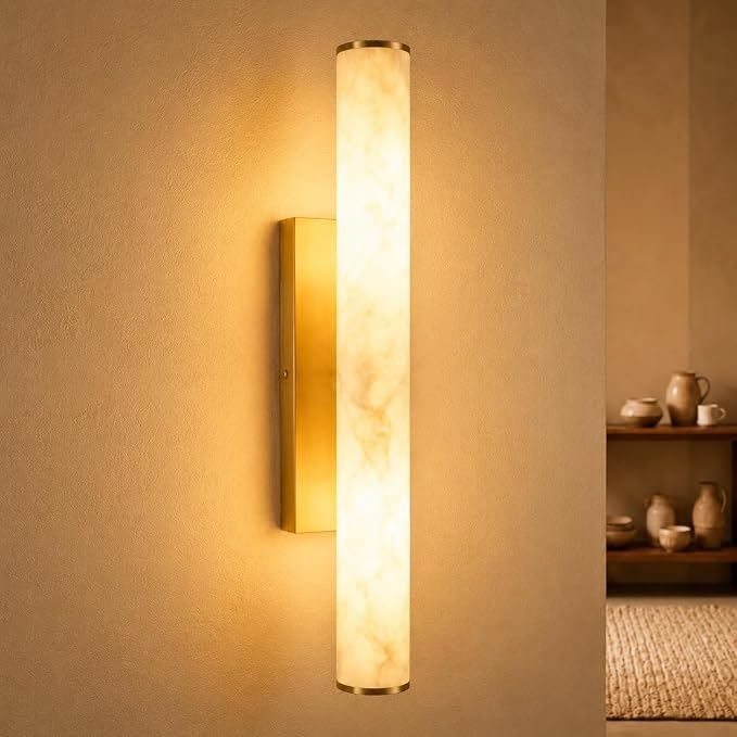 Alabaster Wall Sconces Set, 24in 3-Color Changing Spanish Natural Marble Wall Sconce, Hardwired Brass Gold LED Wall Fixture for Bathroom, Bedroom, Living Room, Hallway, Staircase (1 Pack)