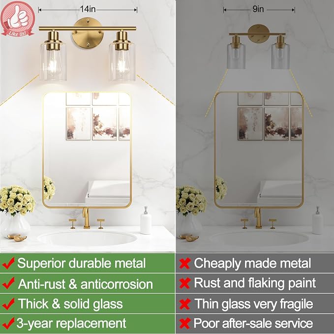 Zarbitta 2-Light Bathroom Light Fixtures, Brushed Gold Vanity Light, Modern Vanity Lights with Clear Glass Shade, Bathroom Wall Lamp for Mirror Kitchen Living Room Hallway Cabinet Porch