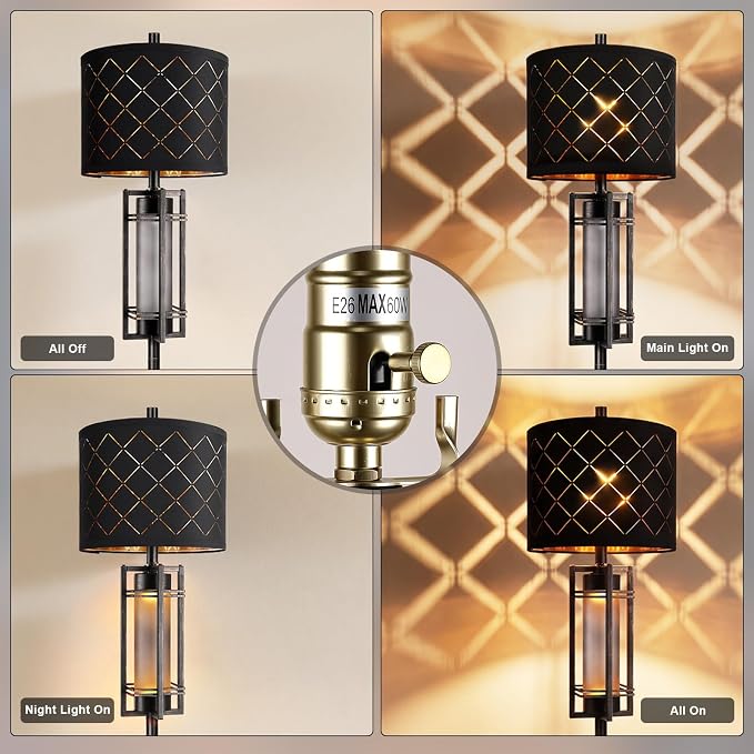 74'' Floor Lamp with Nightlamp, Modern Black Tall Standing Lamp, Metal Base | Gold-Brushed Black Lamp Body, Rotary Switch,Upgraded Model Height,Black Grid Lampshade,Heavy-duty Base,Floor Lamp for Bedroom