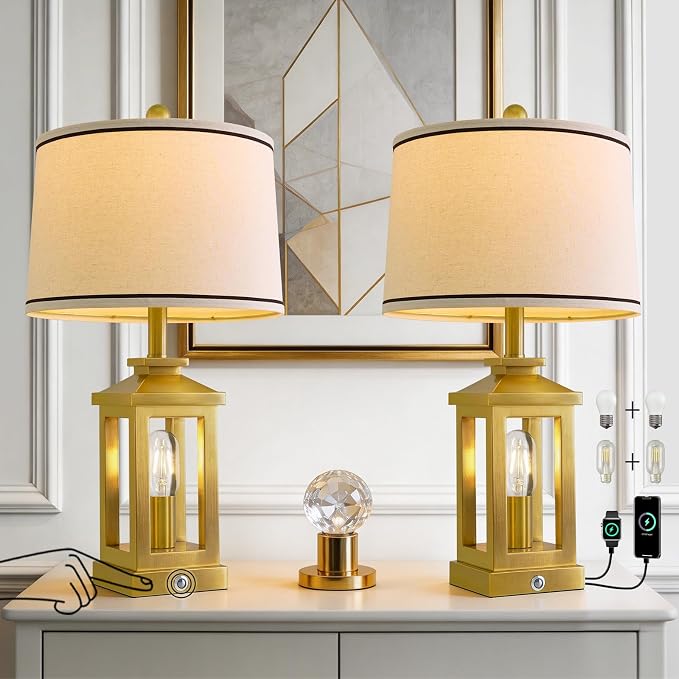 24" Table Lamps for Living Room Bedroom Modern Gold Bedside Lamps Set of 2 Nightstand Lamps for Night Stands 3 Way Dimmable Touch Lamp with USB C+A Ports and 2 Light Sources, 4 Bulbs Includes