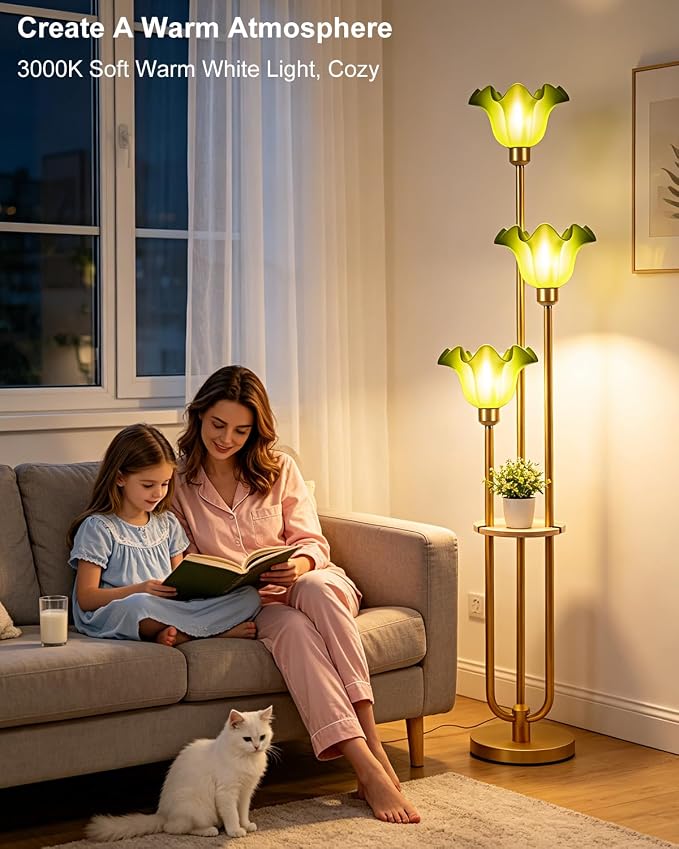 Green Flower Floor Lamp for Living Room, Mid Century Modern Floor Lamp Dimmable with Shelf & LED Bulbs, 3 Light Warmwhite Gold Tall Standing Lamp for Bedroom Girls Room Home Decor
