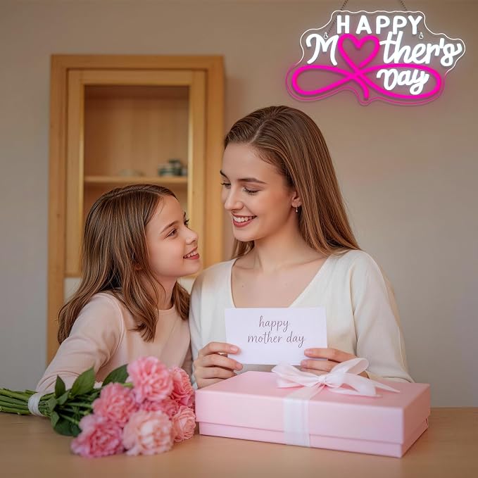 Happy Mother's Day Neon Sign Pink LED Mothers Signs Art Wall Decor in Home Room Bedroom Love Mom Neon LED Light Up Mother's Day for Mom Family in Birthday Party Gifts