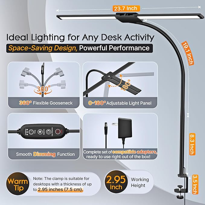 Syrinx LED Desk Lamp for Office Home – Eye Caring Dual Head Desk Light with Flexible Goose-Neck, Clamp, Gesture/Wired Control, 50 Lighting Modes with Memory/Timer, Table Lamp for Study, Drafting