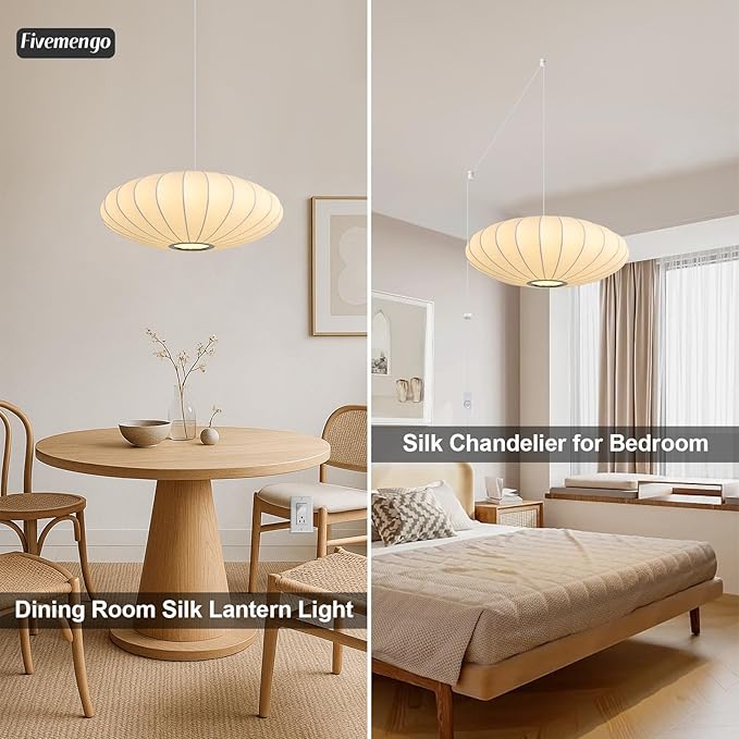19.7in Plug in Lantern Pendant Light, White Imitation Silk Pendant Light Wabi Sabi Saucer Japanese Bubble Hanging Lamp Chandelier for Living Dinning Room Kitchen Island Bedroom 1 Pack
