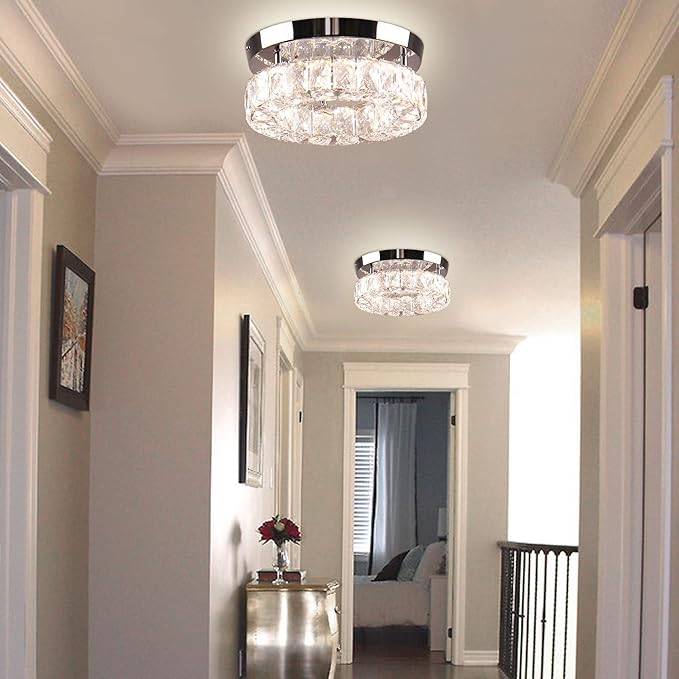 Dimmable Modern Crystal Chandeliers LED Ceiling Light with Remote Flush Mount Small Chandelier for Hallway Foyer Kitchen,Stair,Closet,3 Colors Adjustable,Memory Function
