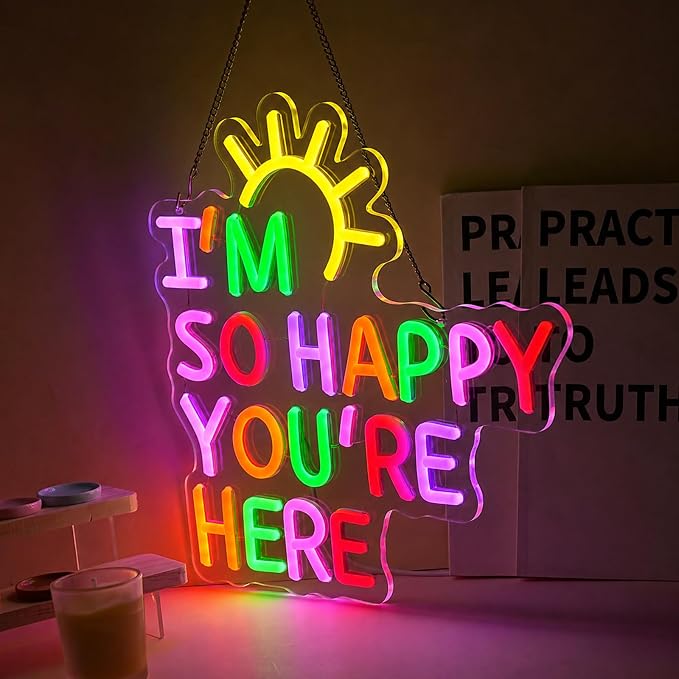 I'm So Happy You're Here Neon Sign Dimmable Letter Positive Affirmation Neon Light USB Powered Colorful Welcome Light Up Sign for Classroom Wedding Party Store Home Wall Art Decor