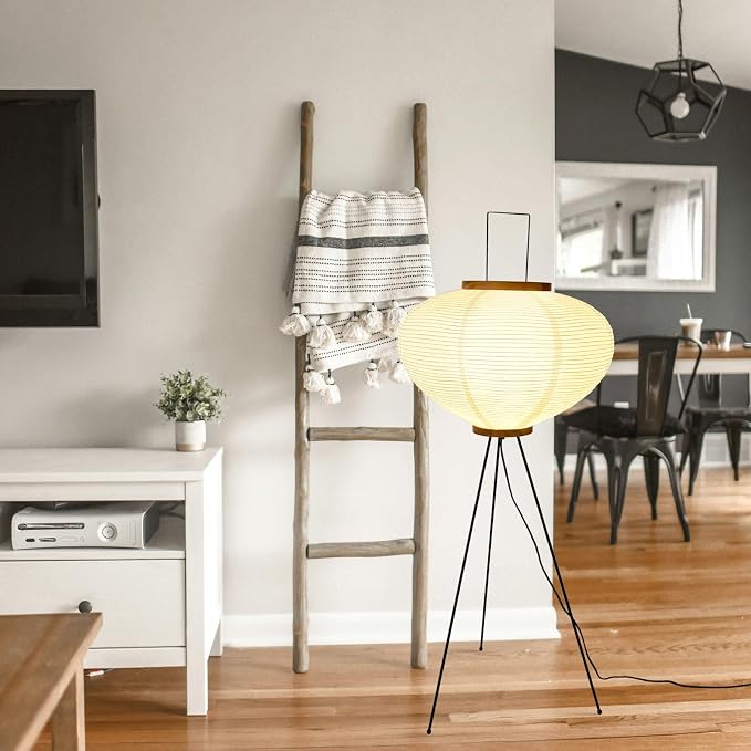 Rice Paper Floor Lamp, Japanese Paper Lantern for Wabi Sabi Decor | Noguchi Style Paper Lamp, Handcrafted Paper Lampshade, Metal Tripod Stand, E26 Base