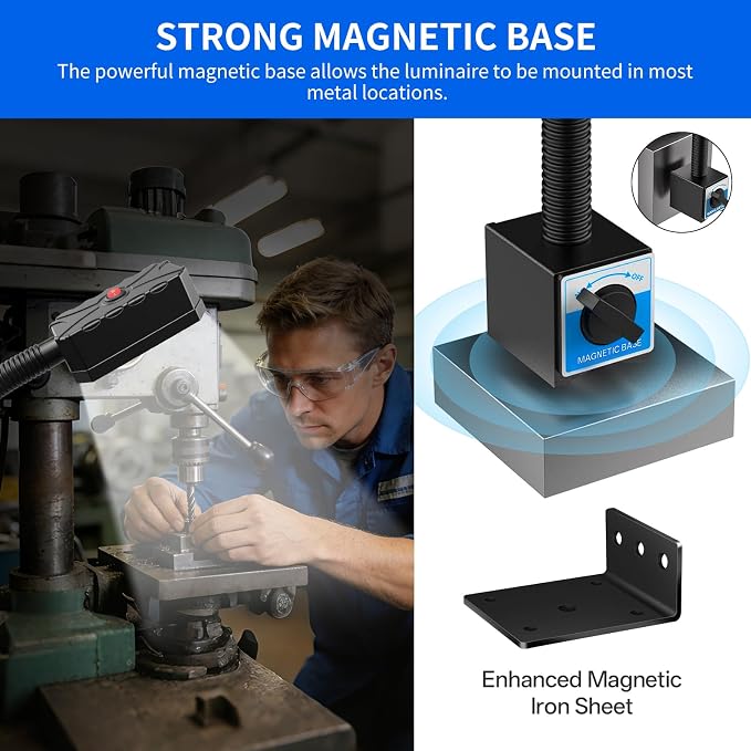 Magnetic Work Light, 2000 Lumen Magnetic Light with Strong Magnetic Base, Workshop Tool Light for Lathe, Sewing, Garage Workbench, Woodworking Shop and Bandsaw, 98-inch Extended Cord, Black