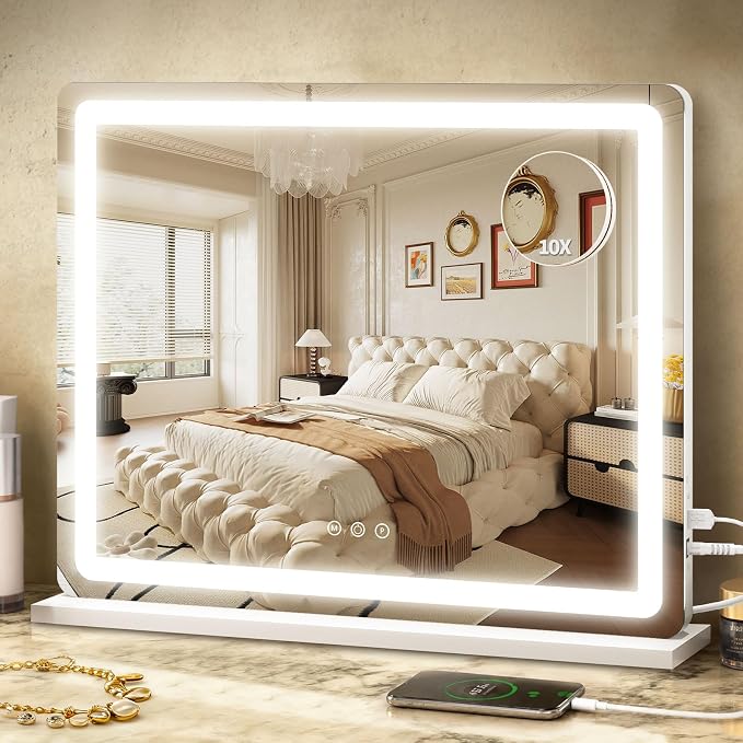ROLOVE 23"x 18" Large Vanity Mirror with Lights, LED Makeup Mirror for Dresser and Desk, 10X Magnification, Dimmable Touch Control, Wall Mounted or Tabletop Mirror for Bedroom (White)