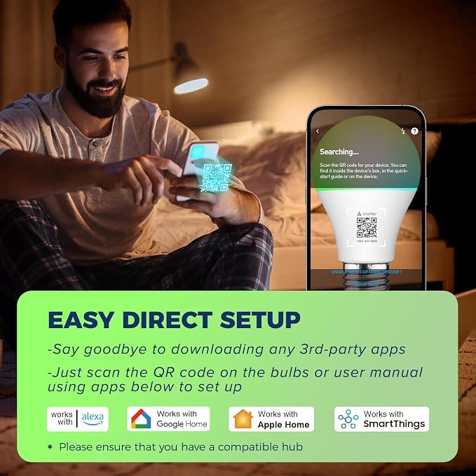 Matter Smart Light Bulbs, RGBCW Color Changing Light Bulb | Compatible with Alexa/Apple Home/Google Home/Siri/SmartThings, A19 E26 Smart Bulb, 800LM 60W, 2.4G WiFi, ETL Listed, 10 Pack