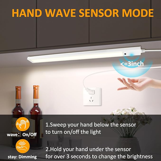 16 Inch Under Cabinet Lights with Hand Wave, 2 Pack Under Counter Light with Dimmable and Colour and Brightness Adjustable Over The Sink Lighting,LED for Kitchen Cabinet with Wire and Plug, Cupboard