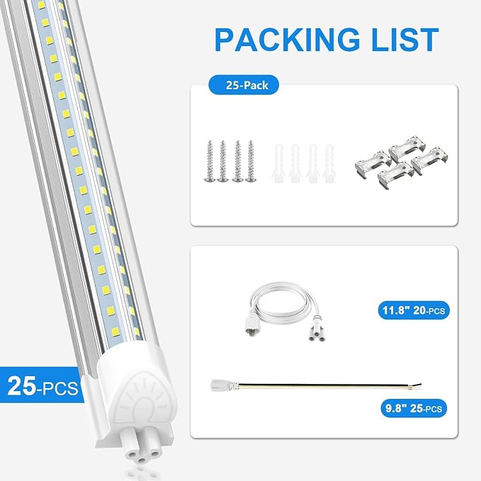 SHOPLED (25 Pack) 6FT LED Shop Light, 60W 8000LM 6000K V Shape | Linkable Ceiling Lights T8 LED Tube Light Fixture, 6 Foot Shop Lights for Garage, Warehouse, Basement, ETL Listed