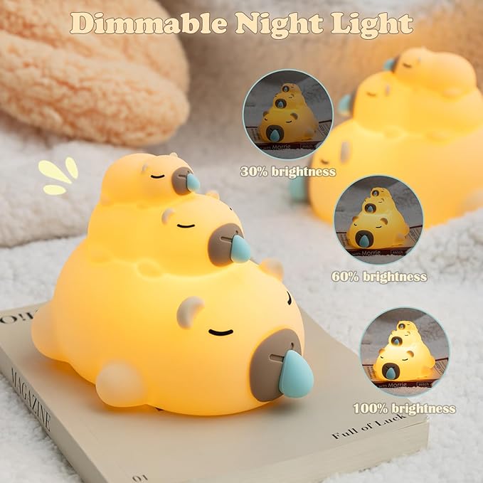 Night Light for Kids, 3 Cute Capybara Silicone Night Lamps with Timer, 3 Levels Dimmable Night Light, LED Bedside Night Lamp, USB Rechargeable Portable Animal Nightlights for Boys Girls Decor (Family)
