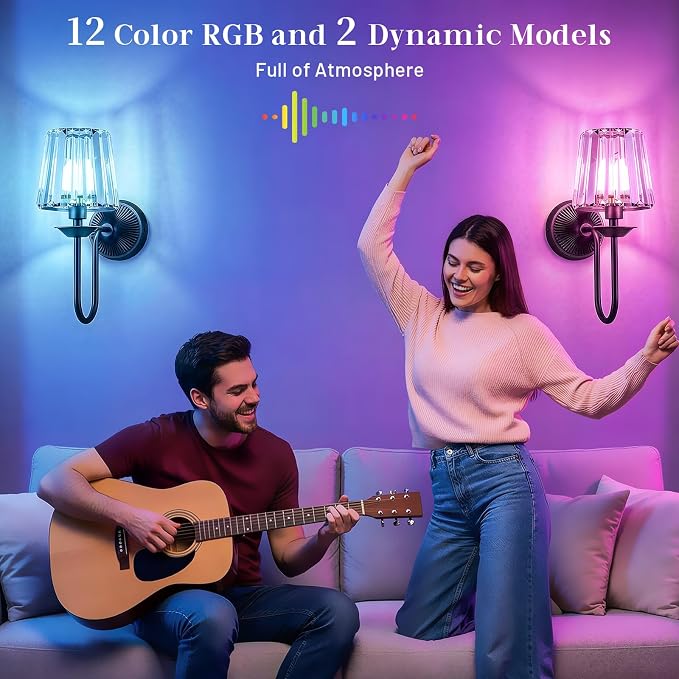 Black Battery Operated Wall Sconces Set of Two, Crystal Wireless Rechargeable Wall Lights with Remote, Dimmable 3 CCT and 12 RGB Cordless Wall Lamps for Bedroom Living Room Hallway Decor