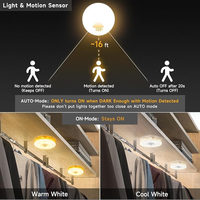 Improved LED Rechargeable Motion Sensor Light Indoor, Bright & Long-Lasting | Stick-On Motion Sensor Puck Night Lights for Closet, Cabinet, Kitchen, Hallway, Stairs - Warm 2Pack