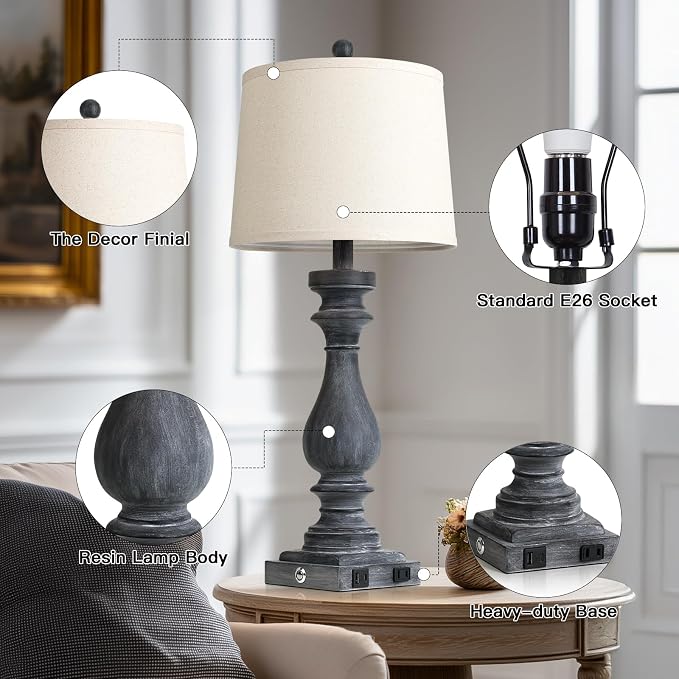 29" Tall Farmhouse Table Lamp for Living Room Set of 2,Vintage Retro Nightstand Lamps with USB C+A Ports & AC Outlet,3-Way Dimmable Touch Bedside Lamp for Bedroom Side Table,Distressed Black