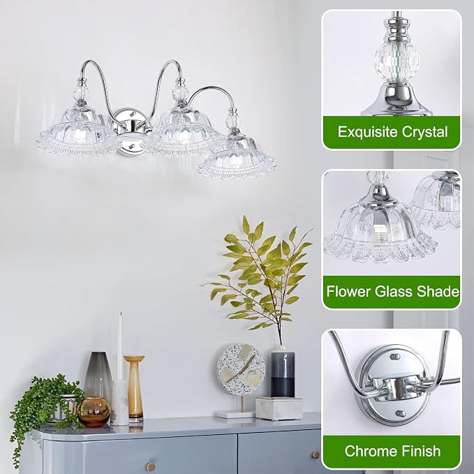 Chrome Bathroom Vanity Light Fixtures 3 Lights Vanity Lights for Bathroom with Floral Crystal Glass Shade Modern Wall Sconce Light for Mirror(Exclude E26 Bulb)