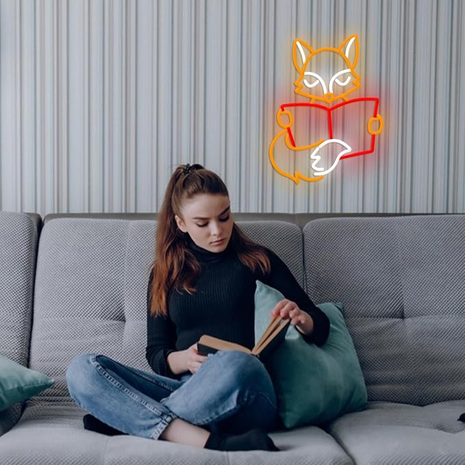 Fox Reading Book Neon Sign for Wall Decor USB Powered Read Books Light Up Sign Dimmable LED Fun Fox Neon Light for Home Bedroom Classroom Library Decor