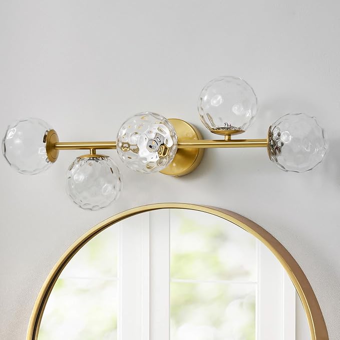 LED Brushed Gold Modern Hammered Glass Globe Bathroom Vanity Light | Hammered Glass Globes, Stunning Ripple Reflections, Mid Century Modern Design, Brushed Gold Finish, Integrated LED Source