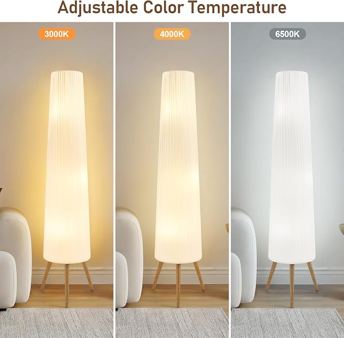 60 Inch Wood Floor Lamp, White Cloth Shade, Color Temperature Adjustable Softlighting Corner Lamp, 3 Bulbs Standing Lamp, Creative Ambient Light for Living Room Bedroom&Office-Bulbs Included