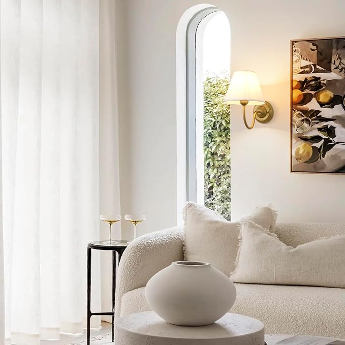 Vintage Curved Arm Fabric Wall Sconce with Linen Cloth Shade, Hardwired Indoor Single Sconce Light Wall Mounted Lamp for Bedroom Living Room Stairs Hallway