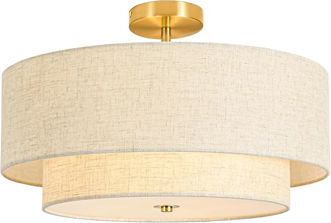 19.7" Semi Flush Mount Ceiling Light, 4-Light Drum Ceiling Light Fixture | 2-Tier Fabric Linen Shade Design, Modern Classic Style, for Dining Room, Living Room, Bedroom, Hallway, Entryway, Brass Gold