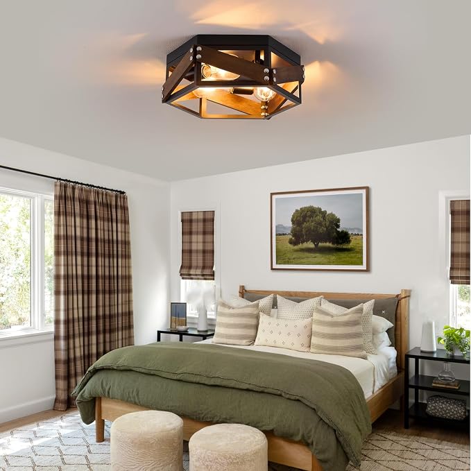 XSDeTu Farmhouse Flush Mount Ceiling Light, 3-Light Hallway Lights with Metal and Wood, Industrial Kitchen Light Fixtures Ceiling Mount, Rustic Black Chandelier for Bedroom Living Room Bathroom
