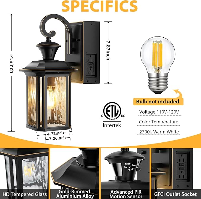 Porch Lights with GFCI Outlet, Motion Sensor Wall Light, Dusk to Dawn Exterior Light Fixture for House, Waterproof Outside Anti-Rust Wall Mount Lantern for Front Door Patio Garage, Black