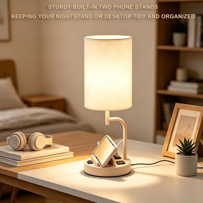 Dreamholder 2 Pack Table Lamp, Bedside Lamp with 3 USB Charging Ports & AC Outlet, USB Desk Lamp with 2 Phone Holders, Linen Fabric Shade Nightstand Lamps for Bedroom Living Room Office, Beige