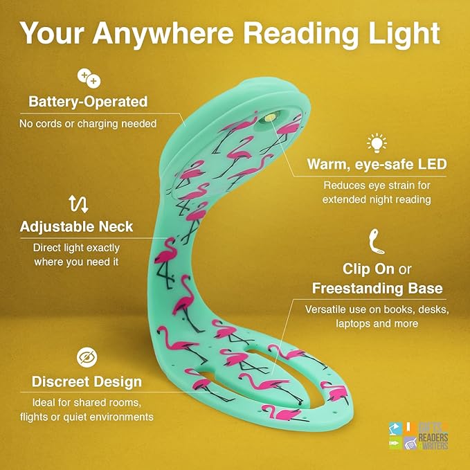 Gifts for Readers & Writers Book Light, Clip On Reading Light for Bed, 2in1 Flexilight & Bookmark, Small & Lightweight with a Soft Glow, 2 Batteries Included, Flamingo
